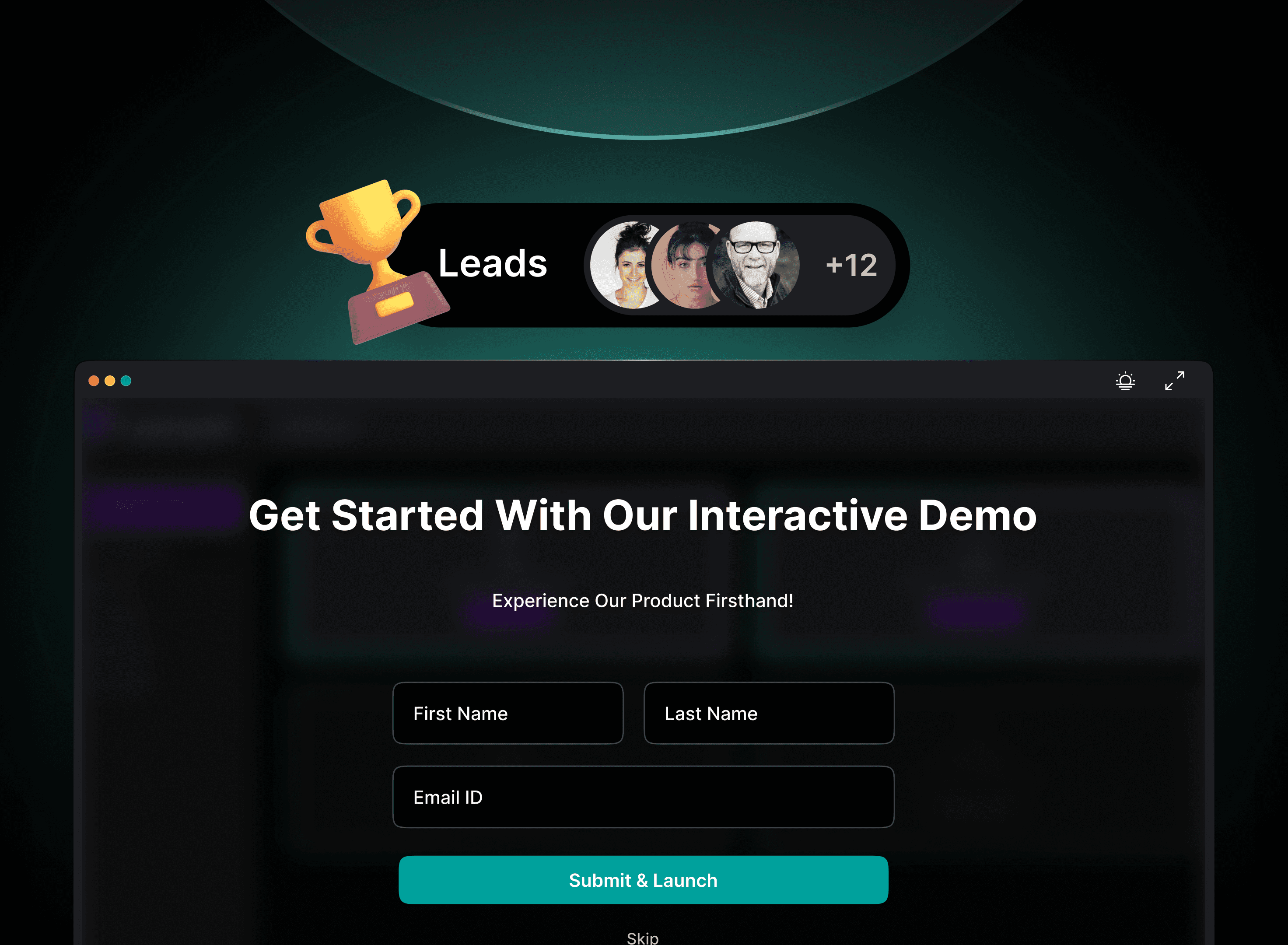 A dark-themed web interface displays a form titled "Get Started With Our Interactive Demo" above fields for first and last names, and email ID, with a "Submit & Launch" button, accompanied by a notification icon featuring a trophy image labeled "Leads" with multiple user avatars and a plus sign.