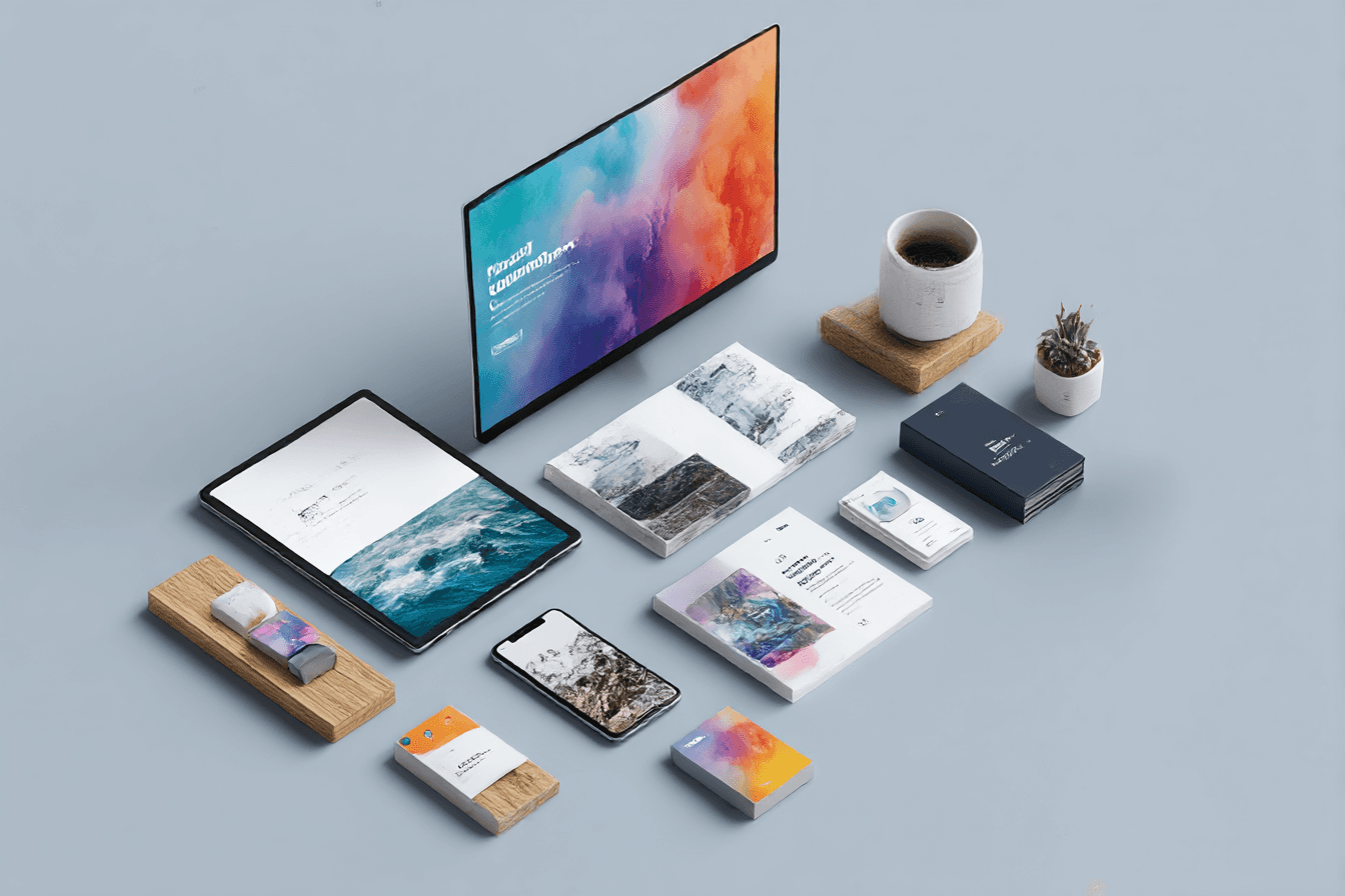 Isometric mockup of a tablet, phone, business cards, and display screen showcasing branding elements.