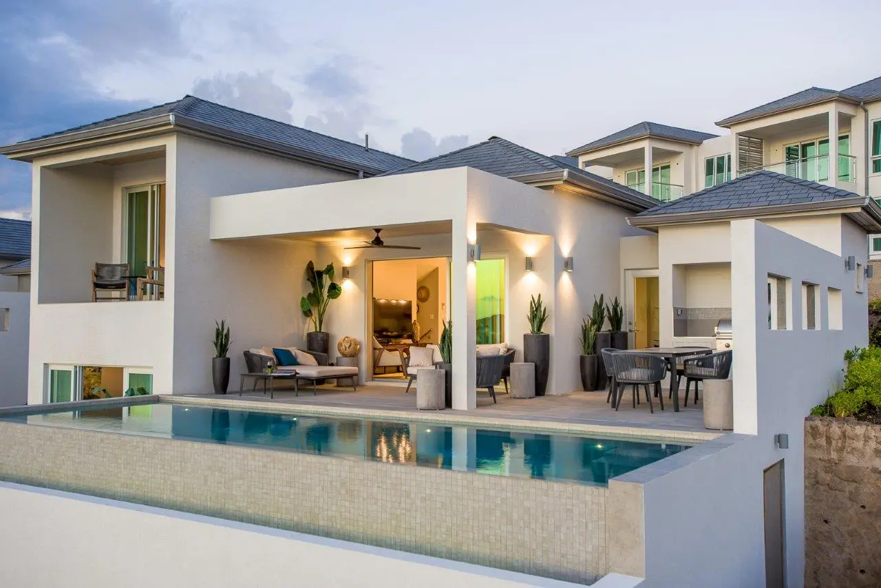 Completed resort villa with private pool and covered outdoor living area at Calivigny Point Grenada