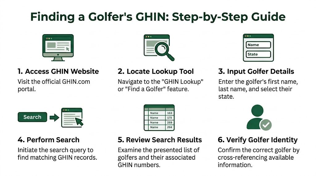 A six-step infographic guide illustrating how to find a golfer's GHIN number online using search features.