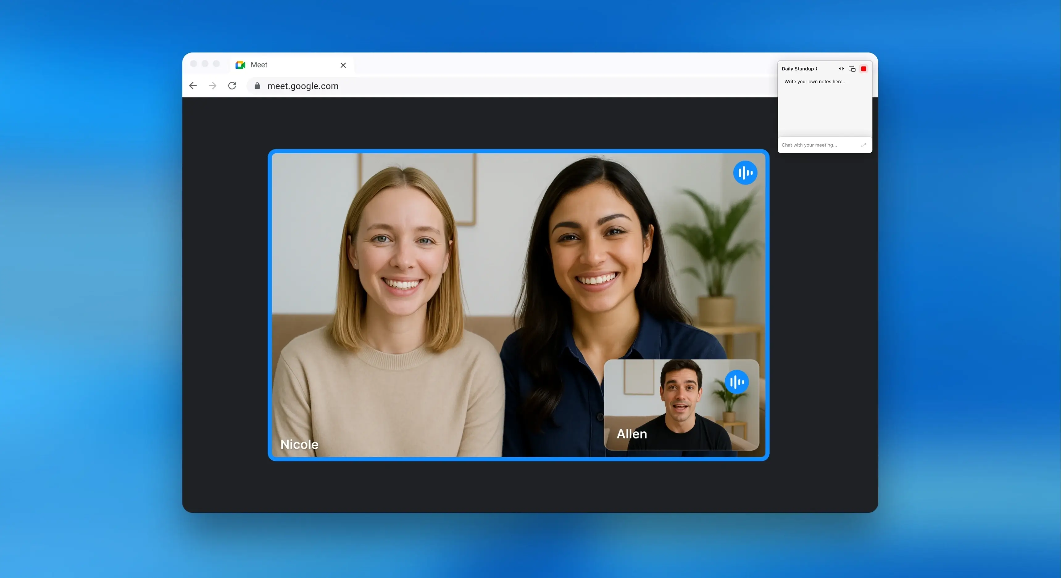 Screenshot of a Google Meet call with Radiantâs meeting capture widget visible in the corner, showing discreet note-taking without a bot joining the meeting.