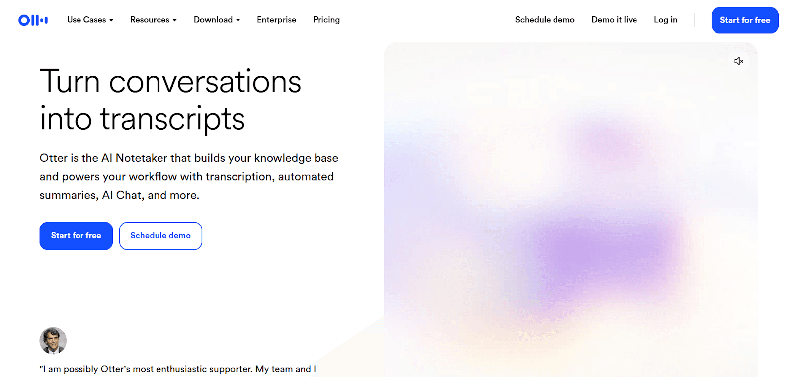Otter.ai transcription platform homepage showcasing AI meeting notes, conversation transcripts, and team collaboration features.