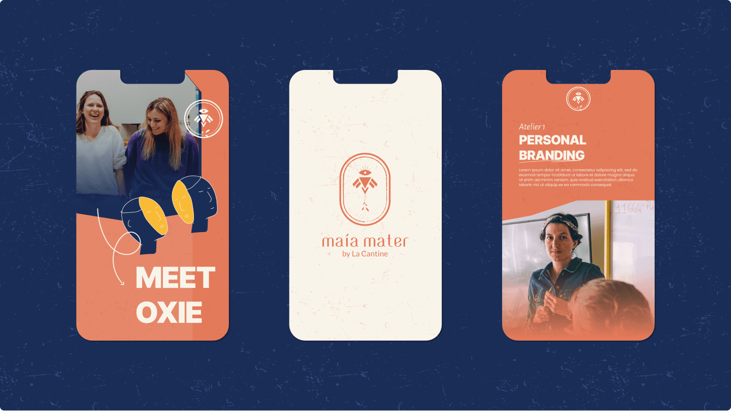 Interface mobile représentant une série d'écrans avec des visuels modernes, centrée sur le branding personnel et le projet Maia Mater.