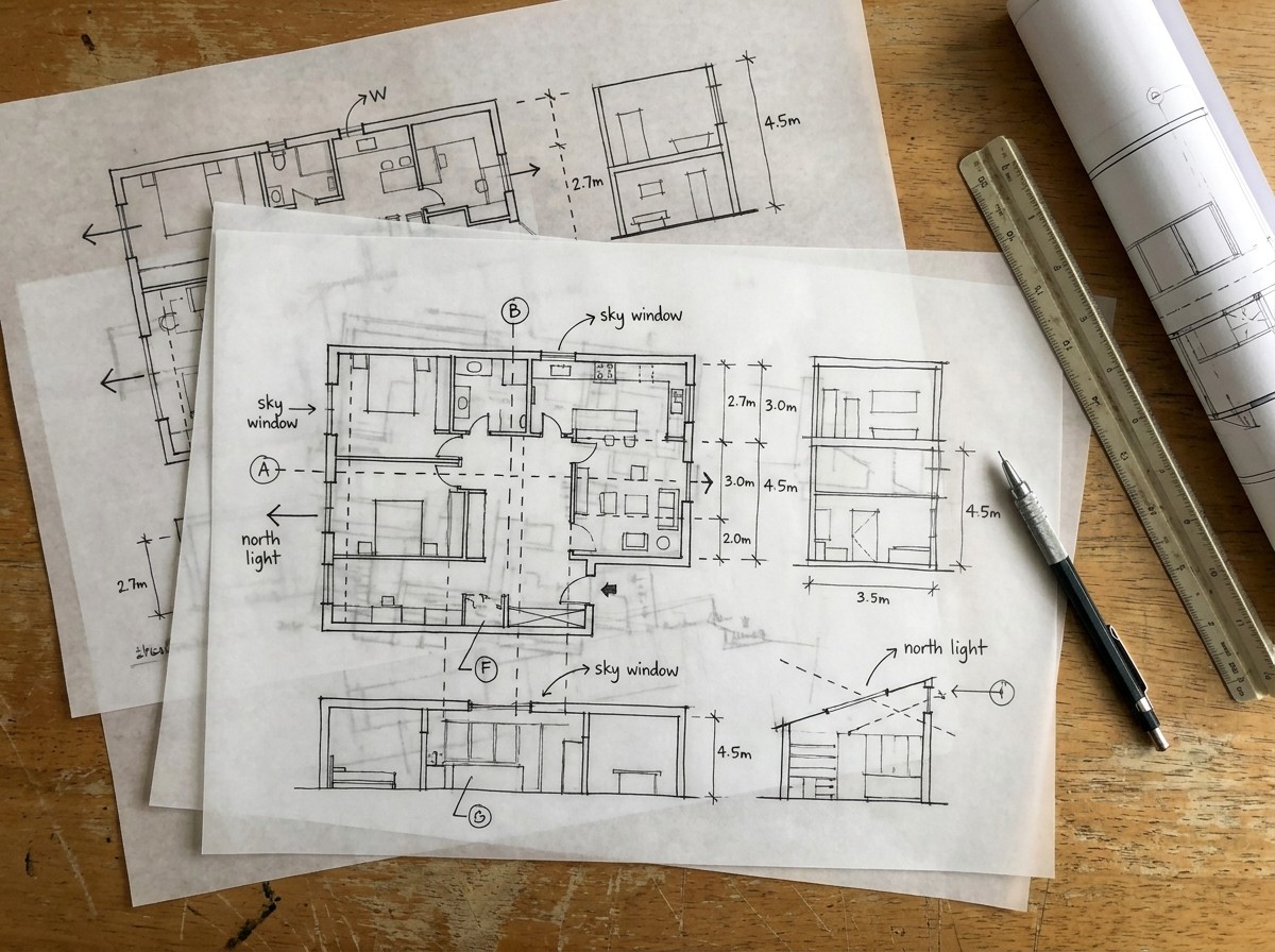 Architectural schematic drawings showing interior room proportions, ceiling heights, and daylight strategy