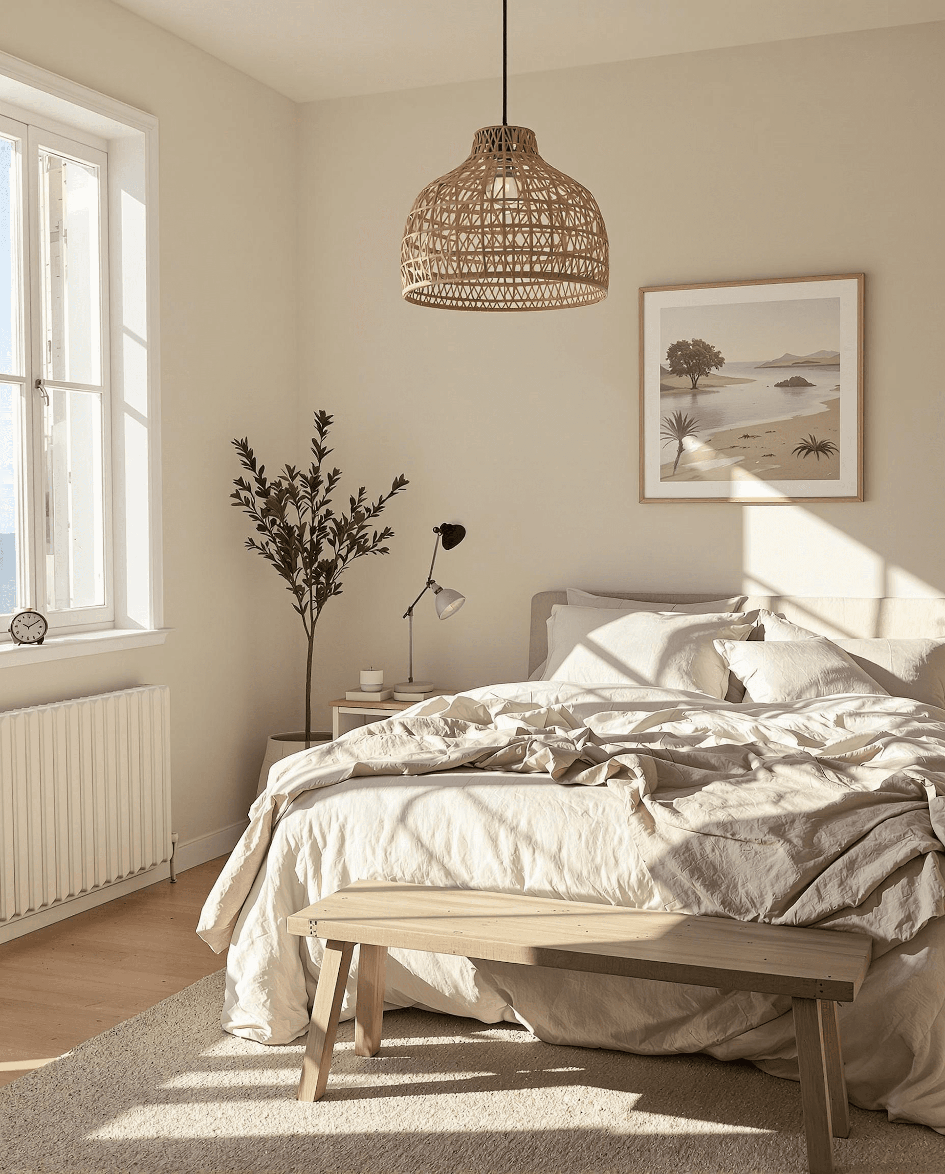 Bright Scandinavian bedroom with woven pendant light, natural wood bench, neutral bedding, coastal artwork, potted plant, and abundant natural sunlight