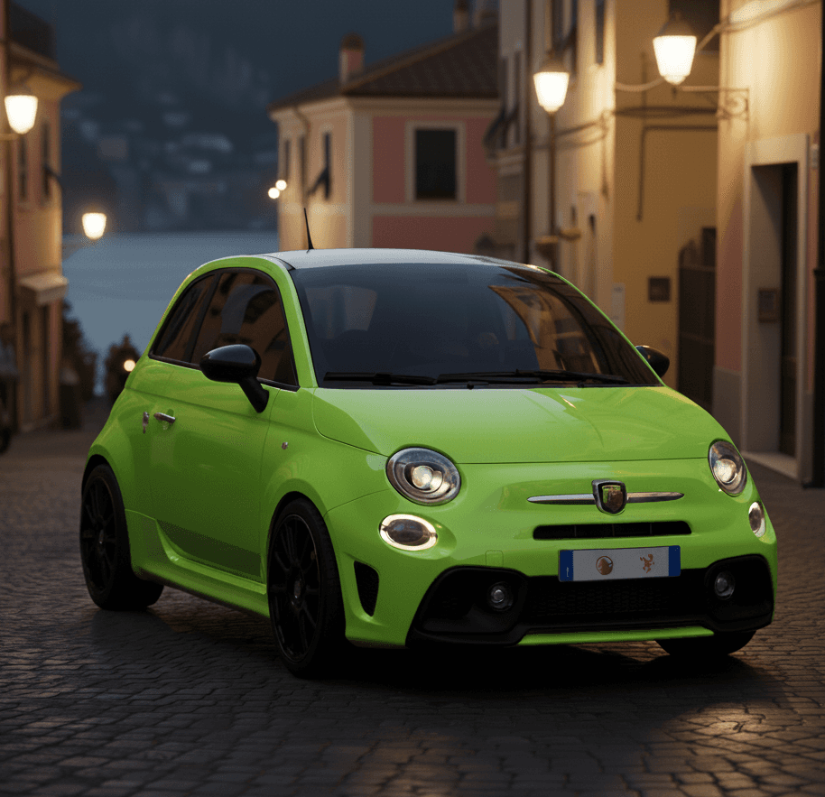 a small white car driving down the road