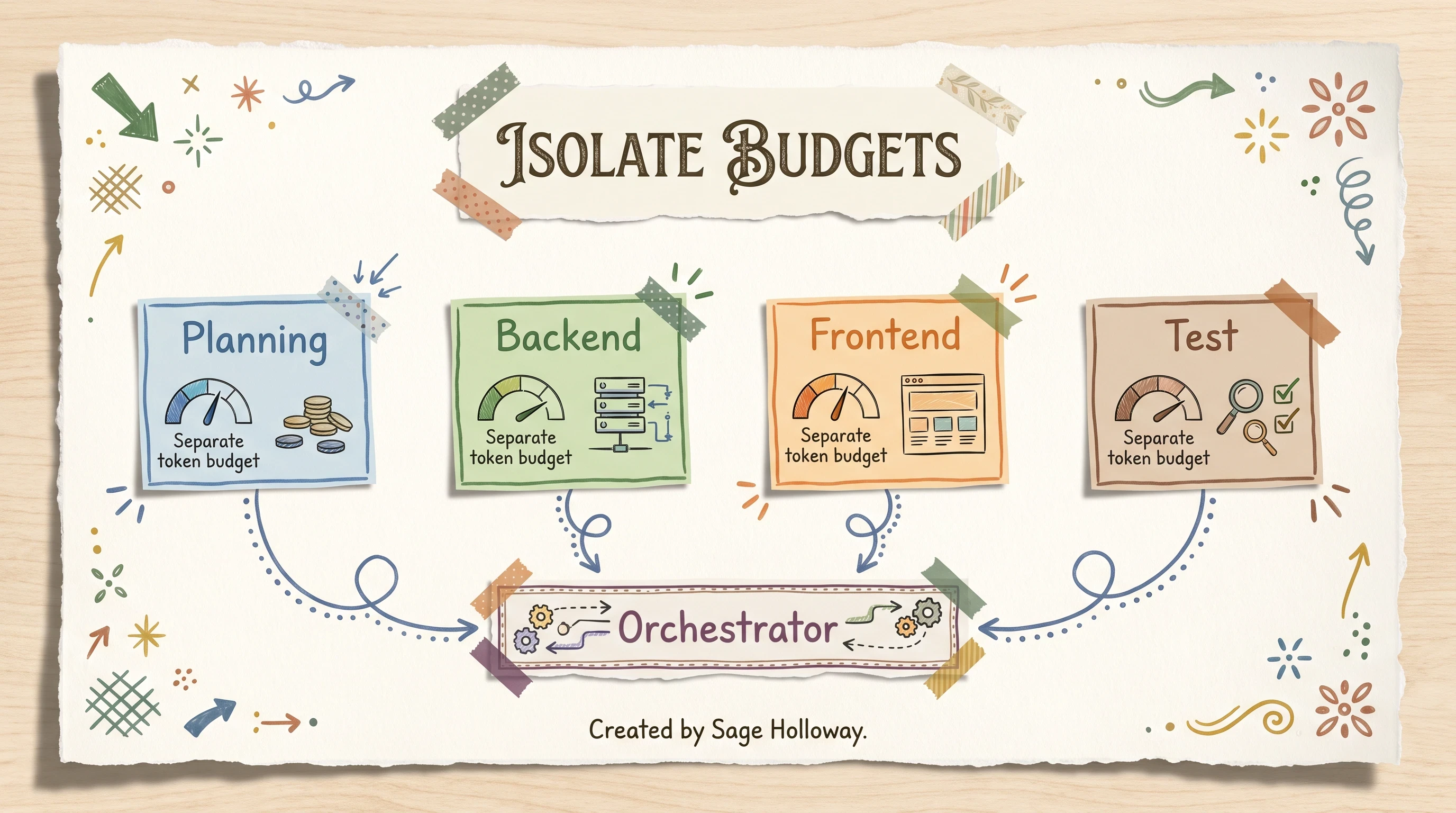 Scrapbook diagram of isolated sub-agent token budgets for planning coding and testing