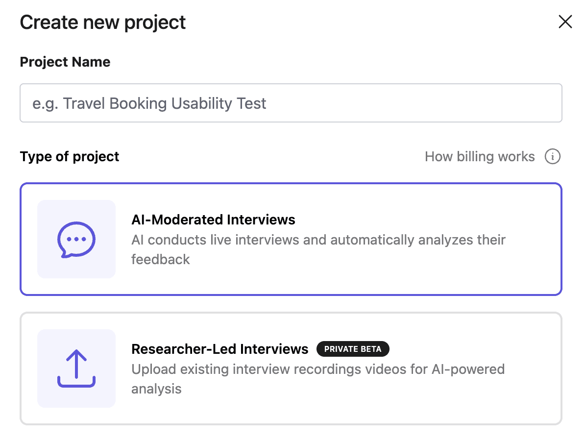 Interface for creating a new research project and selecting AI-moderated interview type