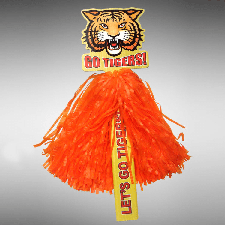 A custom tiger masoct pom pom on a gray gradient background. The top of the pom pom says Go Tigers with a tiger head on top.