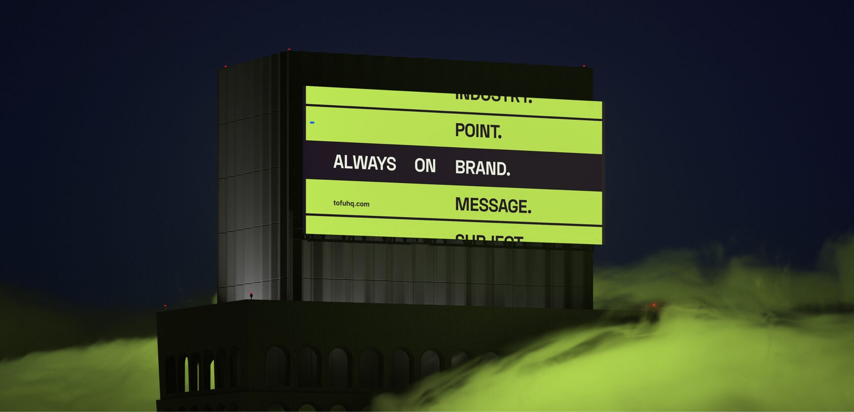 Logomark of a block on green bg