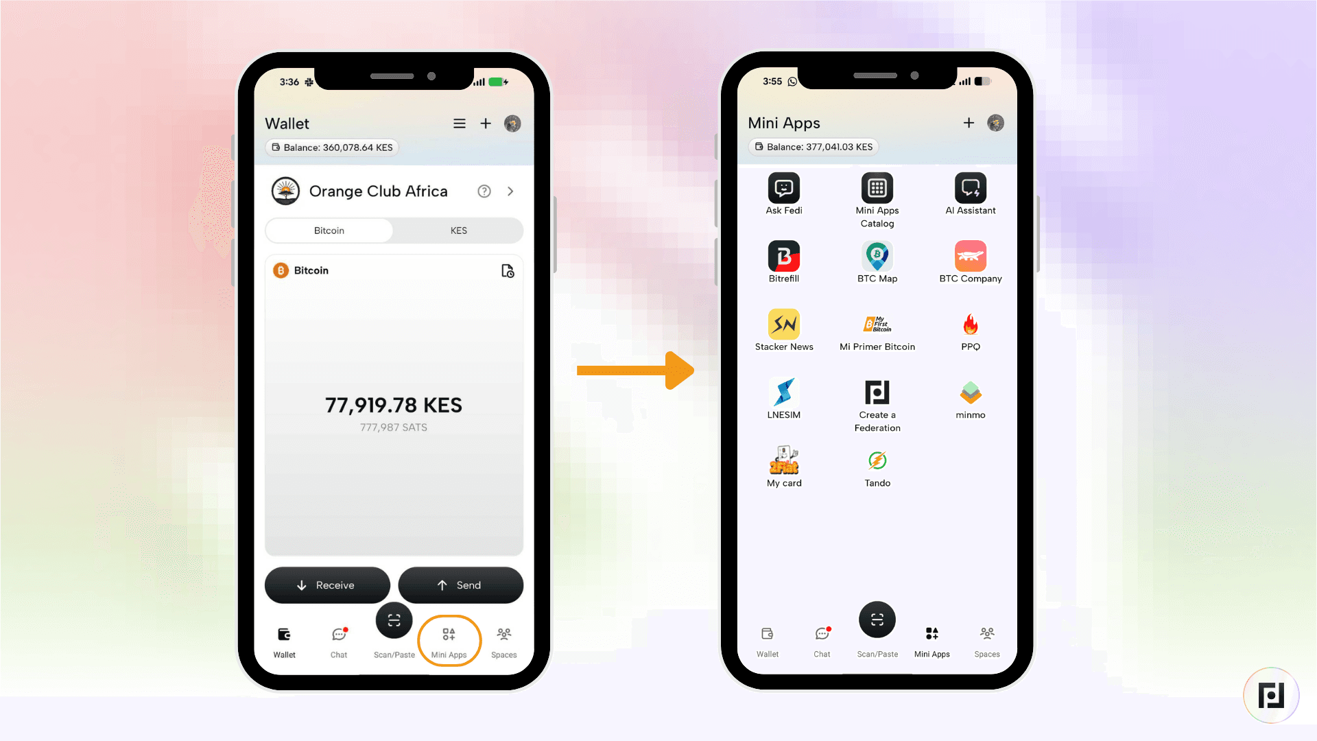 Fedi app wallet screen showing a Bitcoin balance in Kenyan shillings (KES), with an arrow pointing to the Mini Apps tab at the bottom right of the screen.