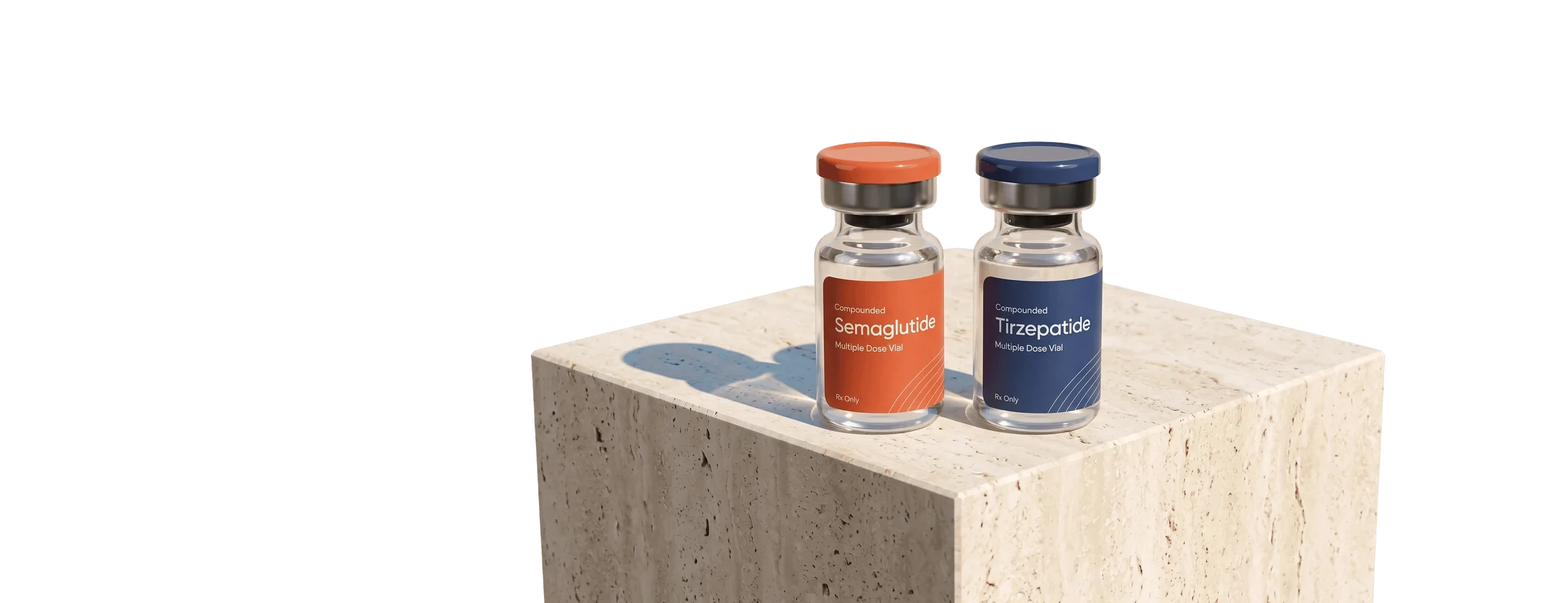 Semaglutide and tirzepatide vials on a travertine plinth