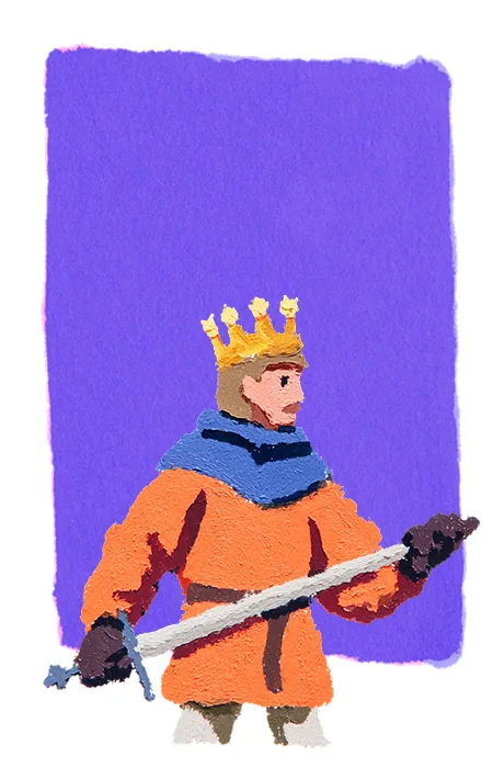 A crowned figure in an orange robe holds a sword, illustrating the Grow step of Floating Castle's process