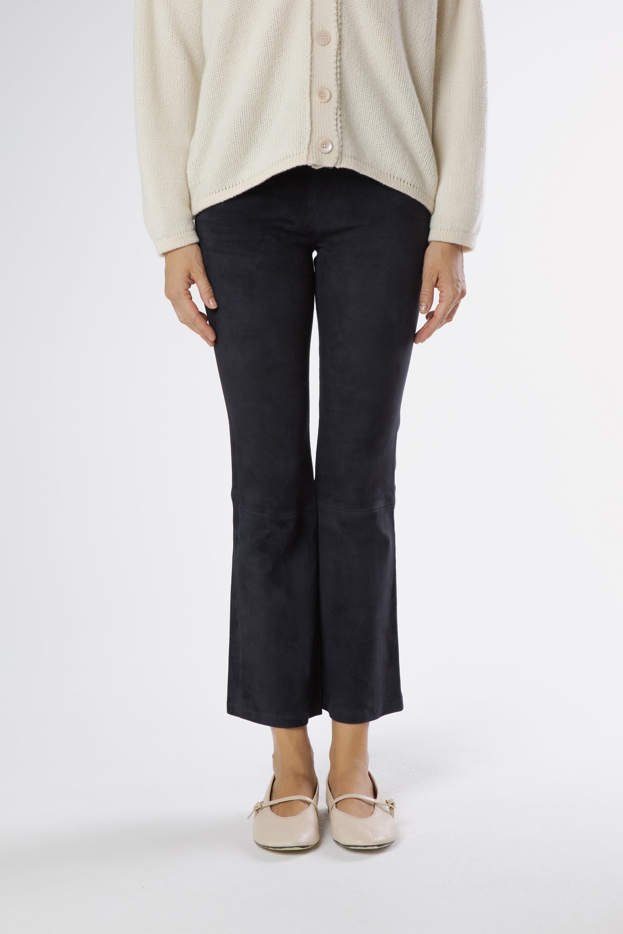Sophia black suede trousers – front view highlighting clean lines and elegant straight-leg silhouette