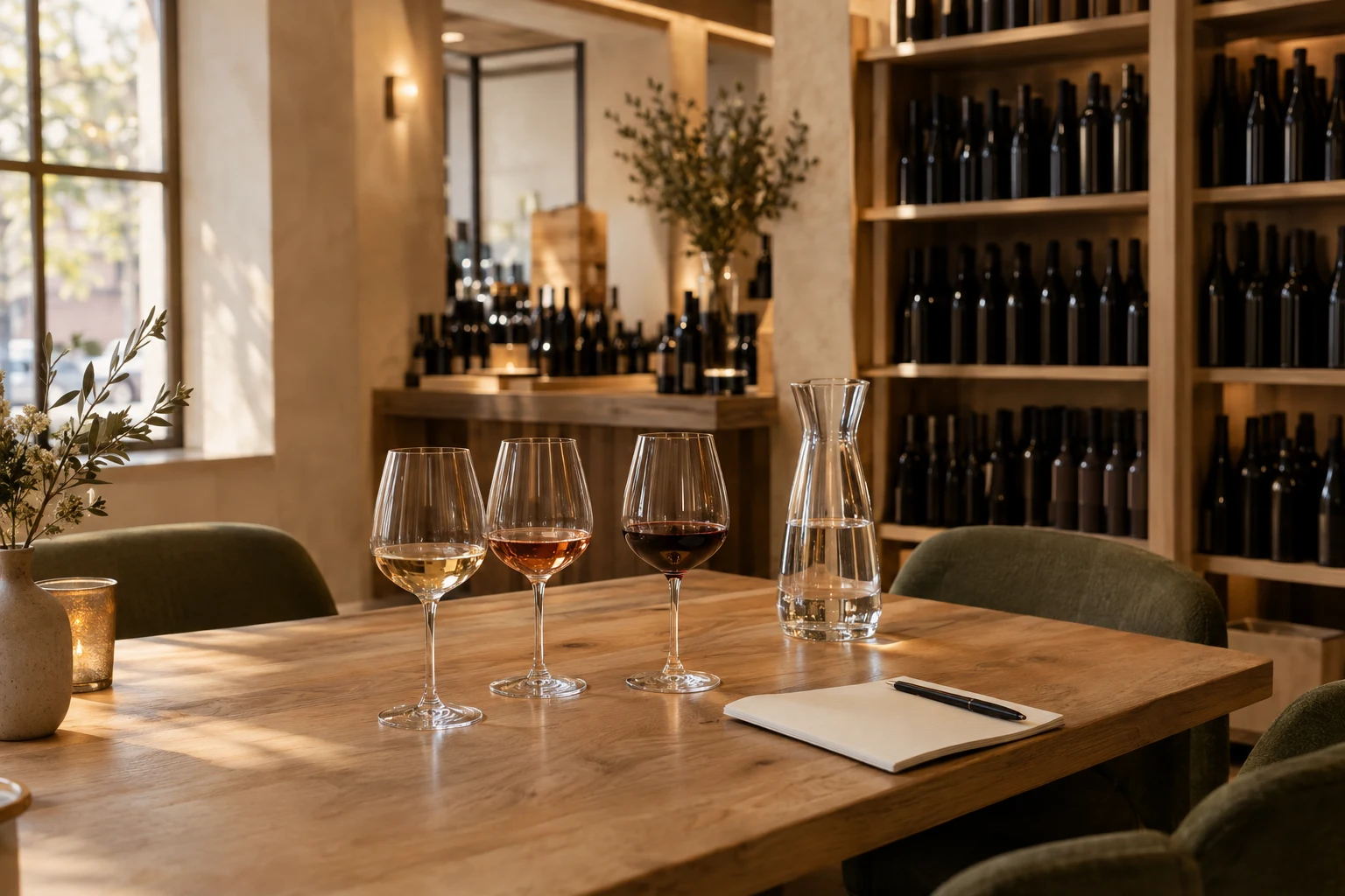 Wine glasses and tasting notes on an oak table