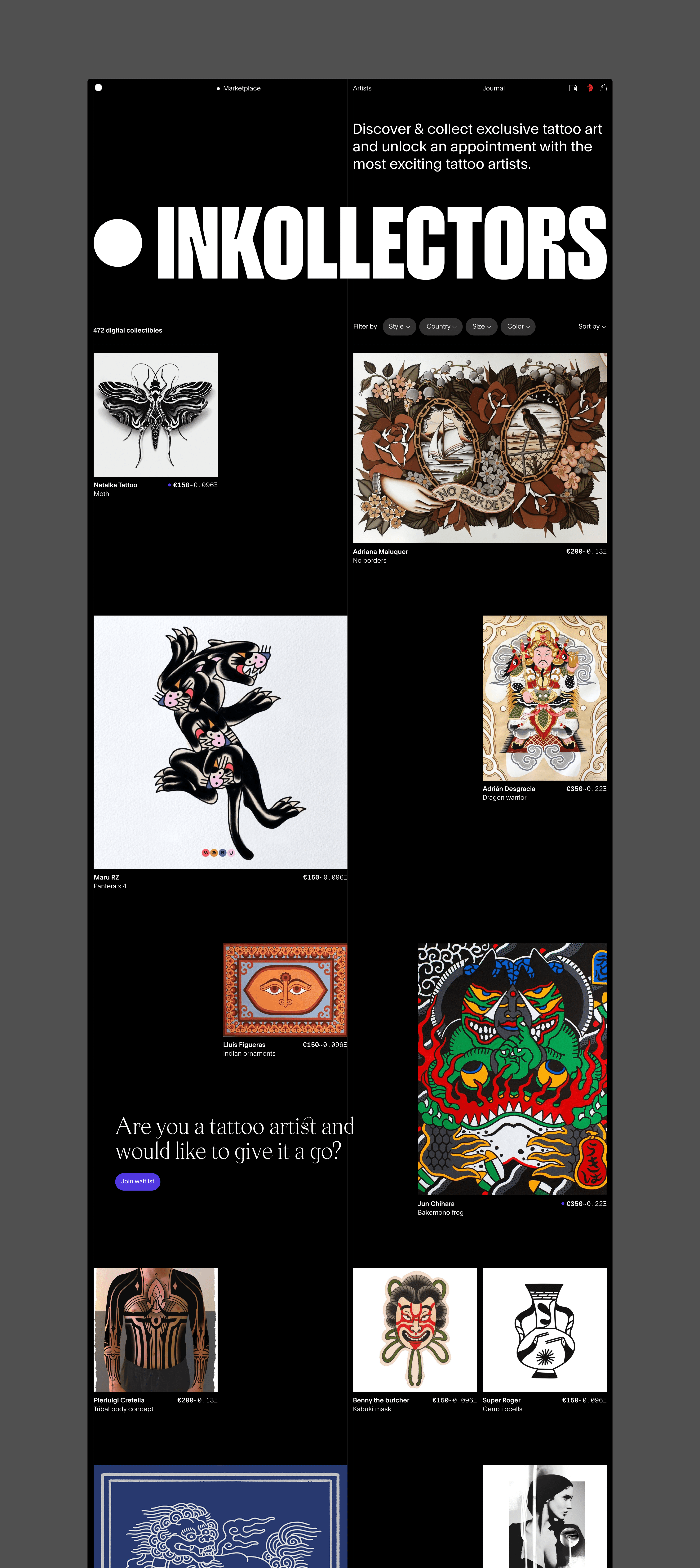 INKOLLECTORS tattoo art NFT marketplace.