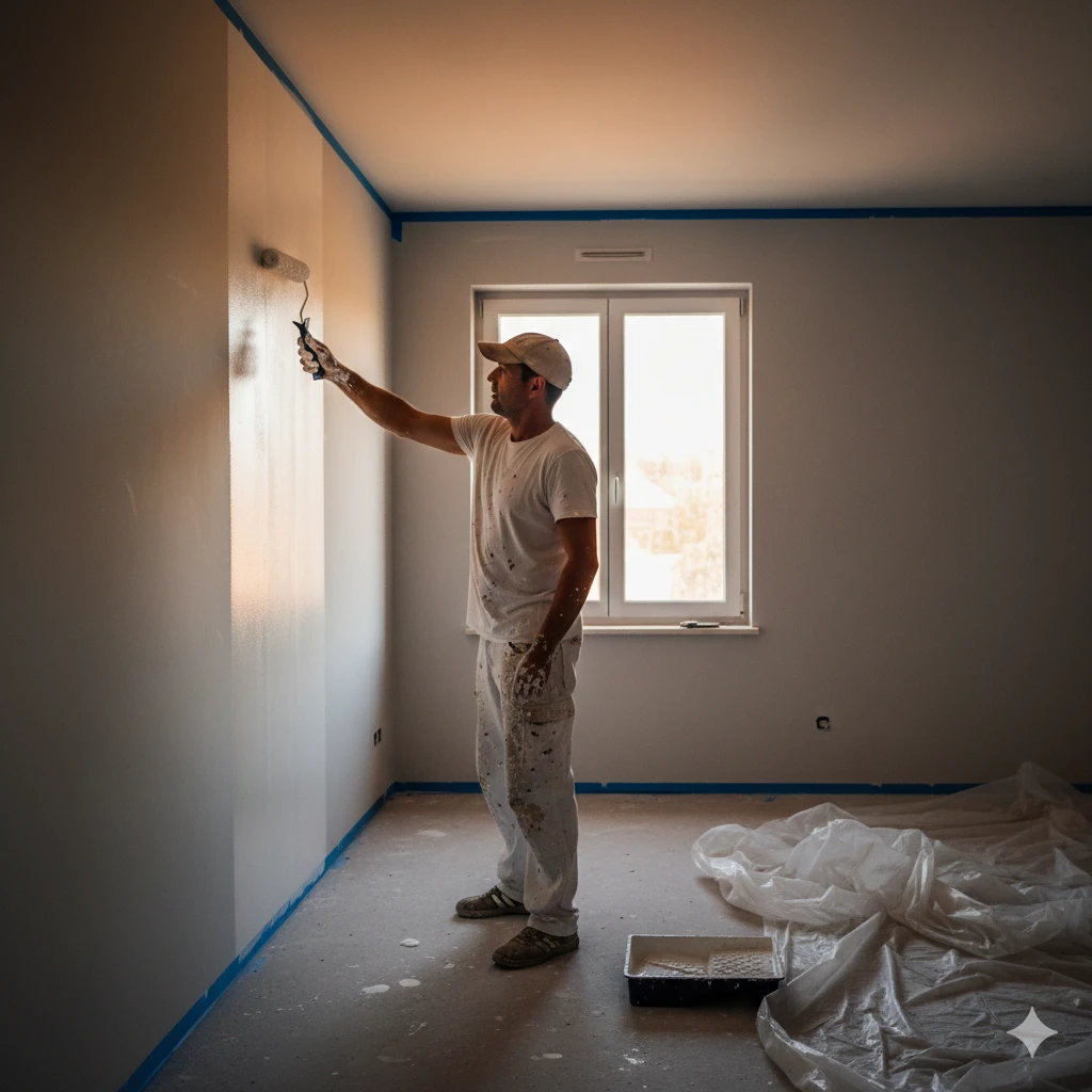 Peintre en bâtiment appliquant une peinture au rouleau dans une pièce en rénovation