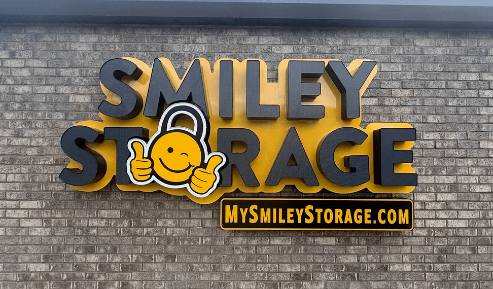A row of storage units in a parking lot