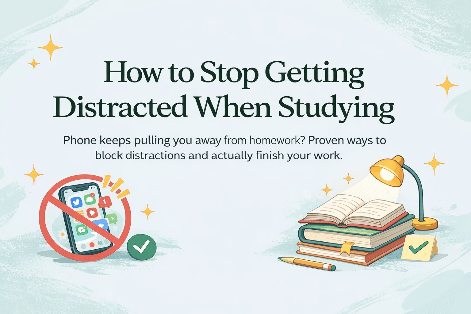 A minimalist poster that says “How to Stop Getting Distracted When Studying,” with icons showing blocking phone distractions and focused study.