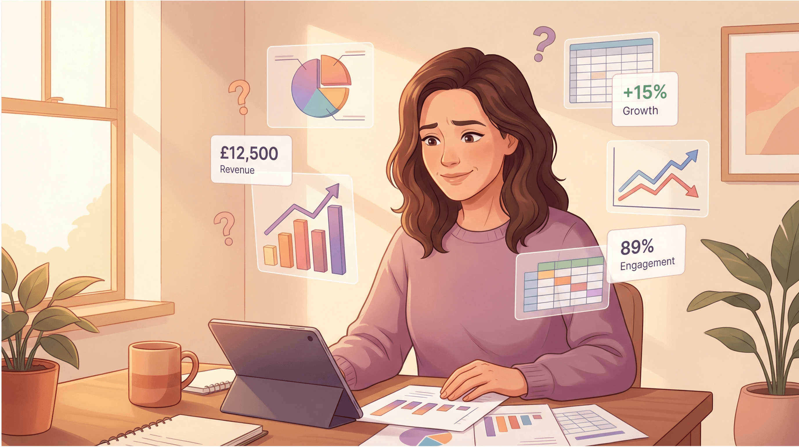 A thoughtful female small business owner in her late 30s sits at her desk, surrounded by floating marketing data elements including pie charts, bar graphs, spreadsheets, and KPI metrics. Her facial expression shows mild confusion and contemplation while looking at the complex data. On the desk are a tablet, printed reports with charts, and a coffee mug. Question marks float beside the data elements. The warm, bright workspace with natural lighting conveys a relatable, empathetic portrayal of the challenge of understanding marketing reports.