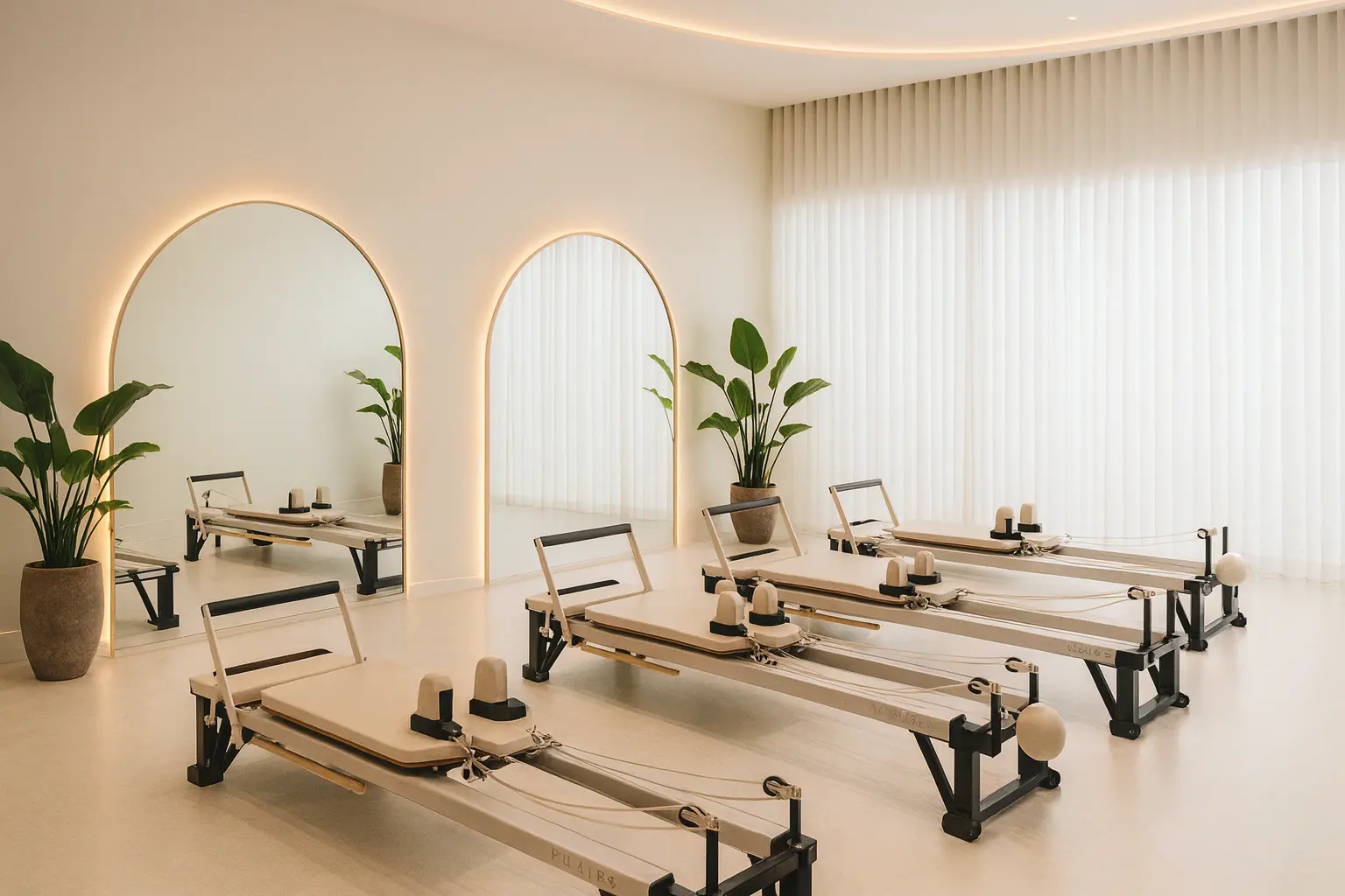 Pilates reformer studio with professional reformer machines and a calm, minimalist setting.