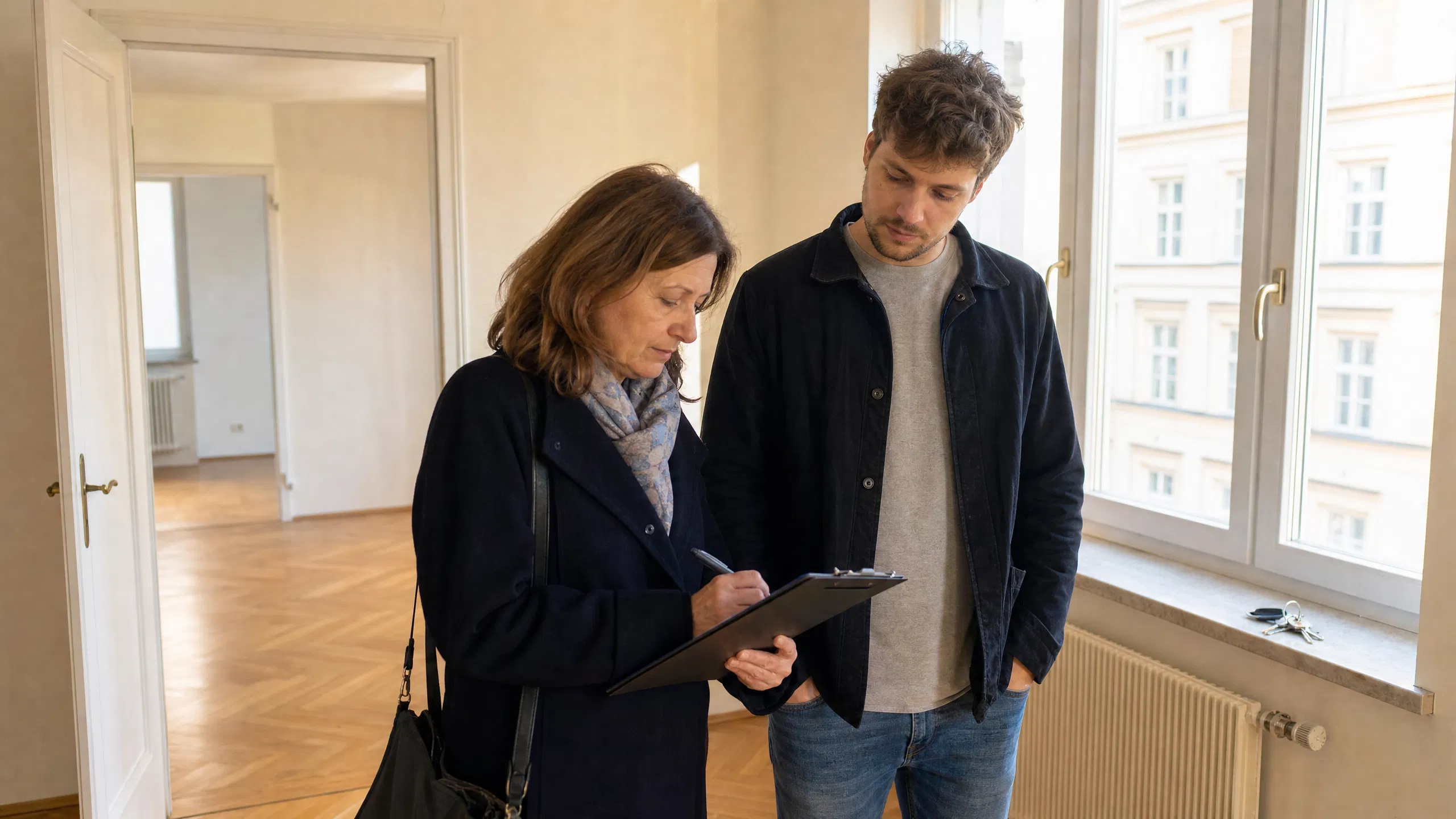 Eine Vermieterin notiert beim Wohnungsübergabetermin in einer leeren österreichischen Altbauwohnung Mängel auf einem Klemmbrett, während der ausziehende Mieter daneben aufmerksam zuschaut – ein Schlüsselbund liegt auf der Fensterbank.