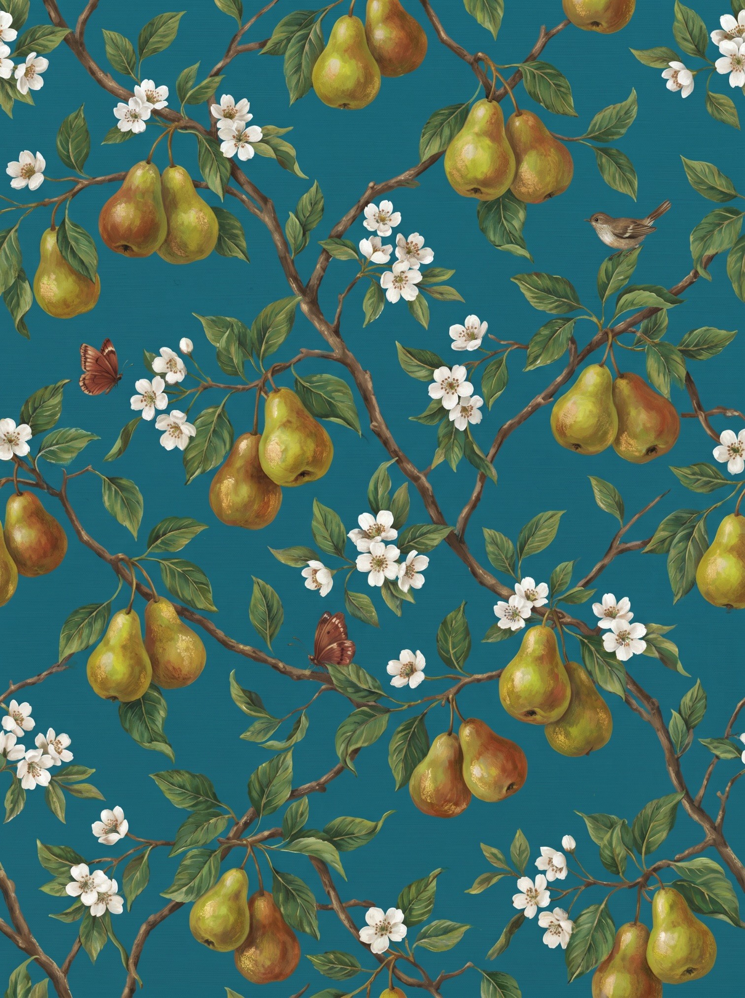 Teal pear-and-blossom botanical wallpaper reference with golden pears, white blossoms, and trailing branches on a deep teal-blue ground
