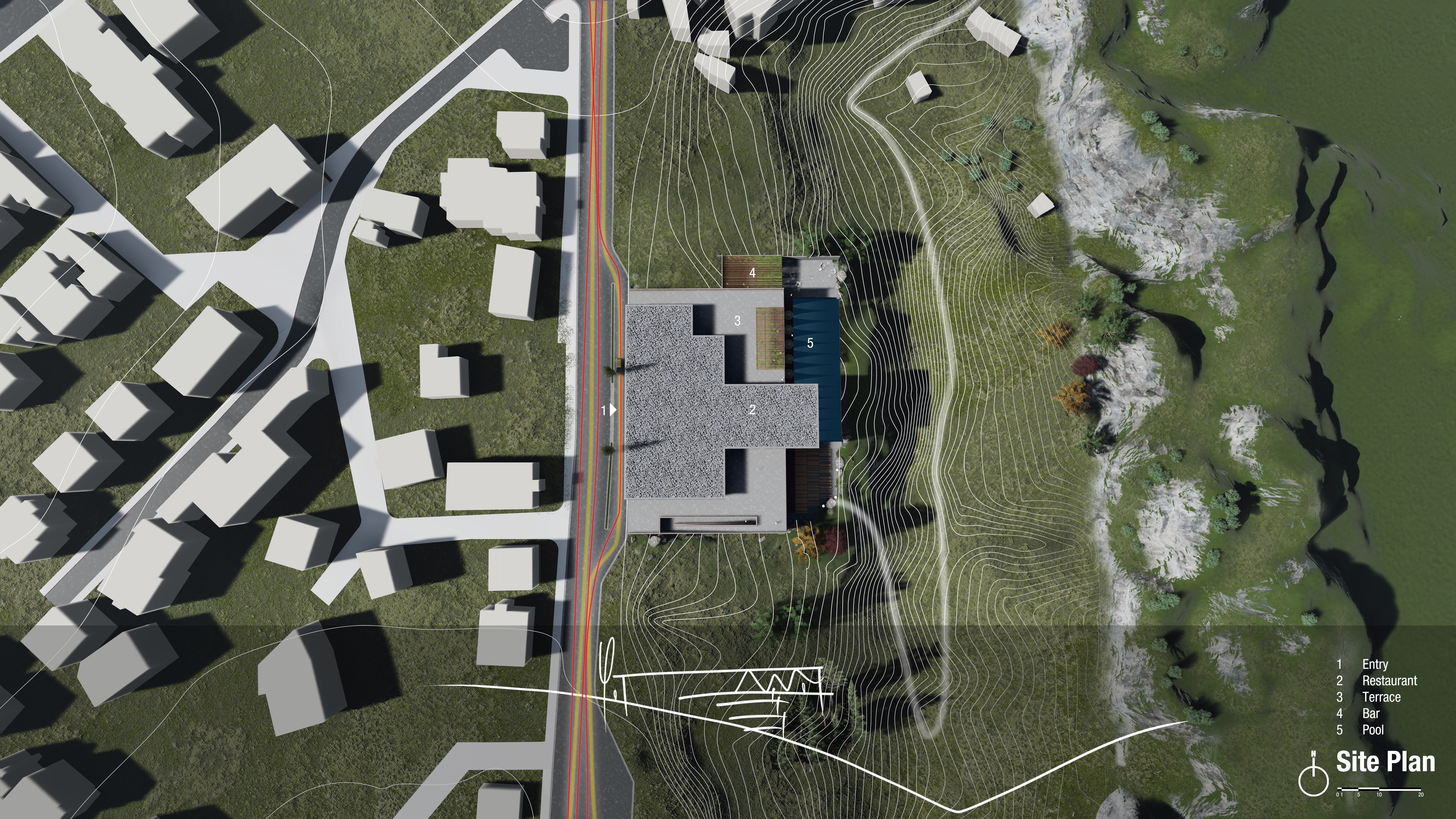 Architectural site plan of a contemporary valley-view hotel showing building placement, contour lines, and functional zoning including entry, restaurant, terrace, bar, and pool integrated with the natural topography.