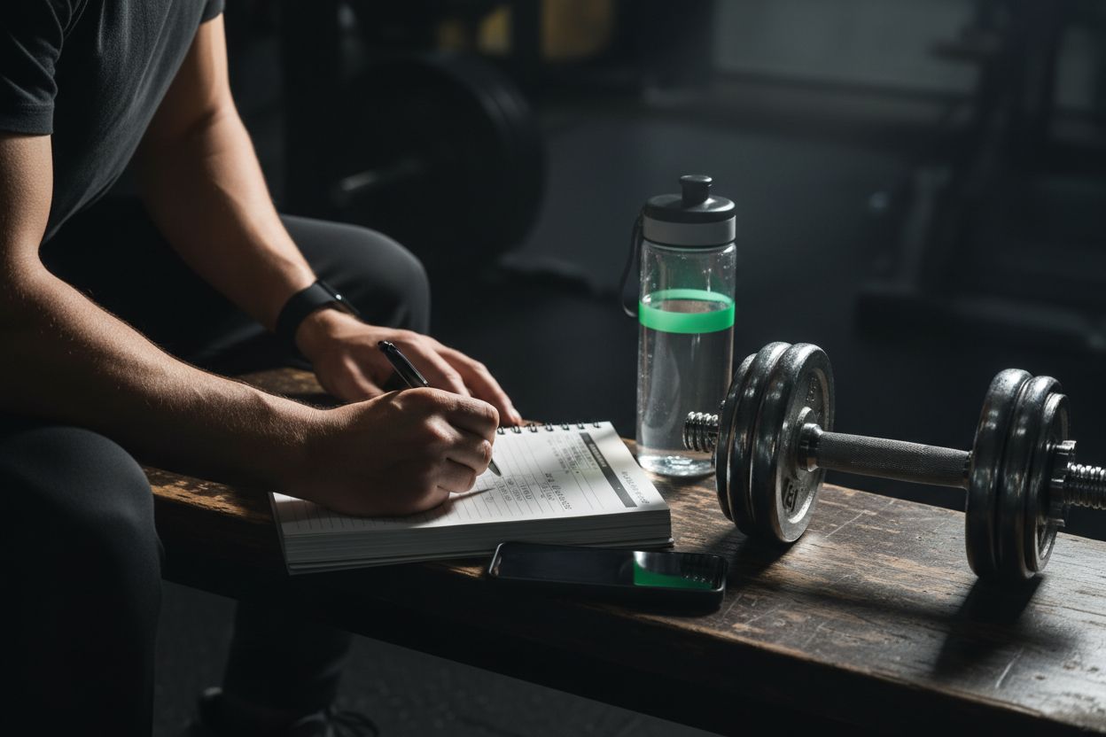 Person recording a workout in a notebook
