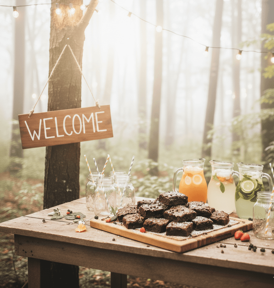 A serene outdoor wedding setup with white chairs arranged on green grass under a canopy of trees.