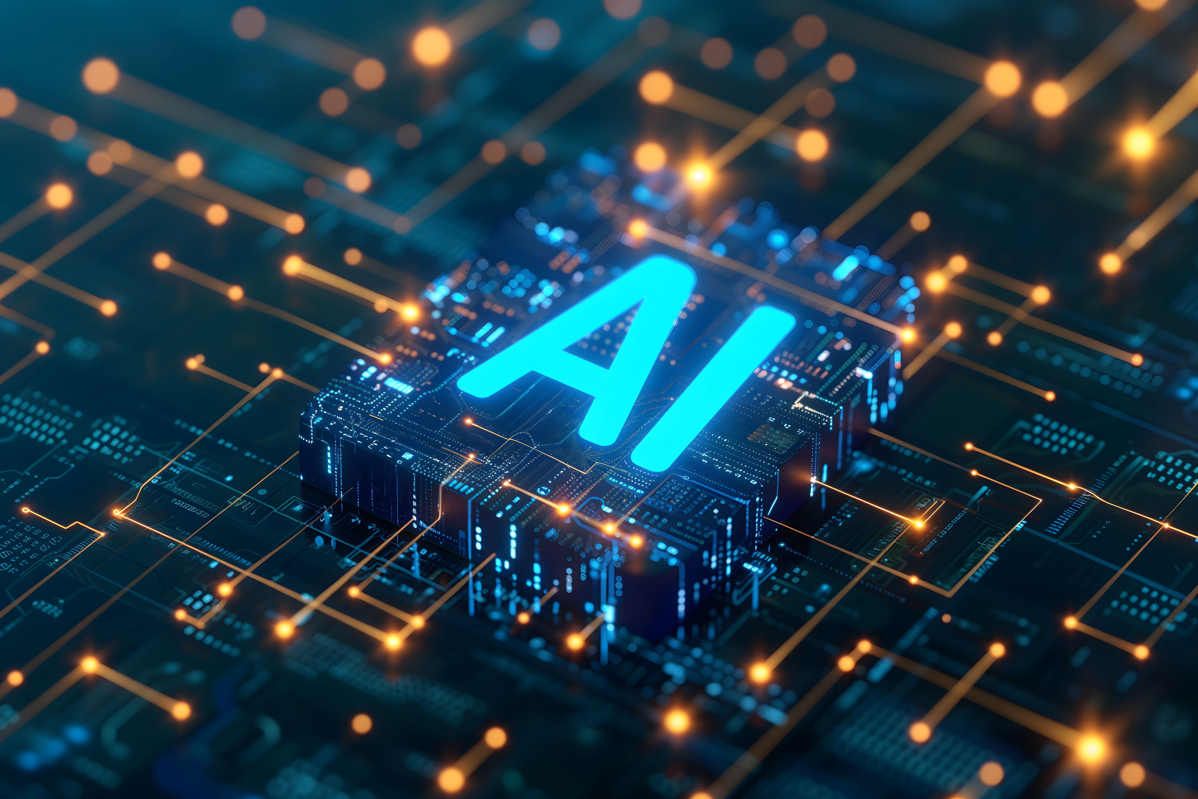 A glowing AI chip is embedded in a circuit board, symbolizing advanced AI-driven semantic and content analysis. The visuals highlight high-precision AI processing, eliminating the need for extensive keyword databases, and enabling rapid quality rule establishment.