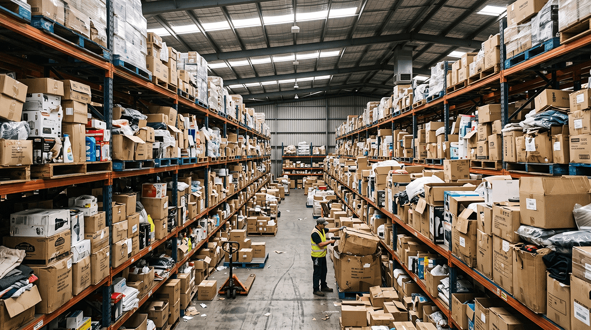 A liquidators sprawling warehouse space with towering shelves packed full of stacked cardboard boxes and a worker in the aisle