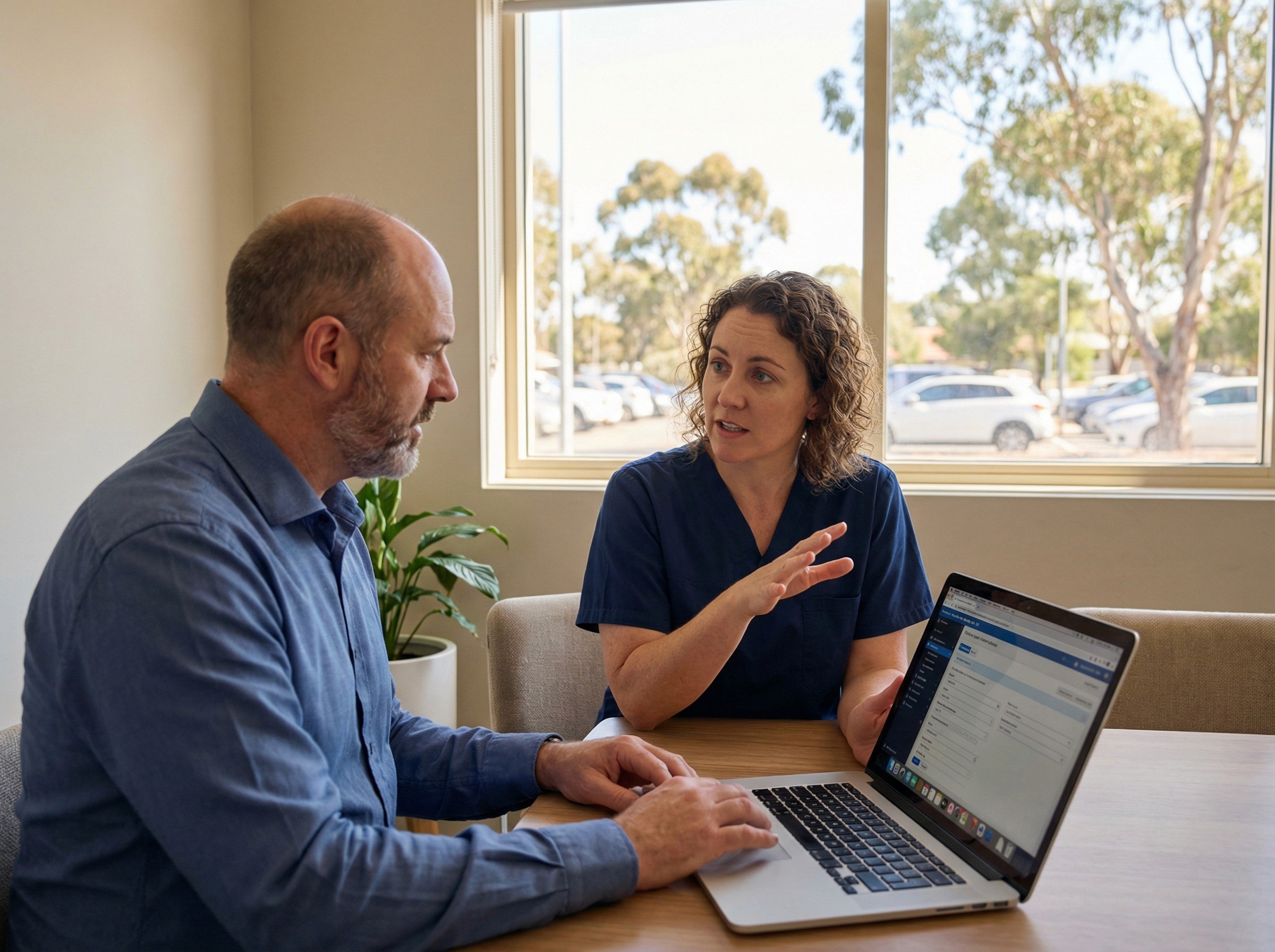 A senior safety manager in his mid-40s and a frontline team leader in her late 30s sitting in a small meeting room at a regional hospital. The safety manager has a laptop open showing a form-builder-style interface with editable fields and dropdown menus — visible in structure but not legible. The team leader is talking, gesturing with one hand as she describes something from her operational experience, while the safety manager listens and has one hand poised over the keyboard, ready to translate what she is saying into the system.