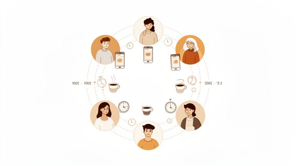 An infographic showing six diverse people connected in a circle with smartphones, clocks, and coffee cups.