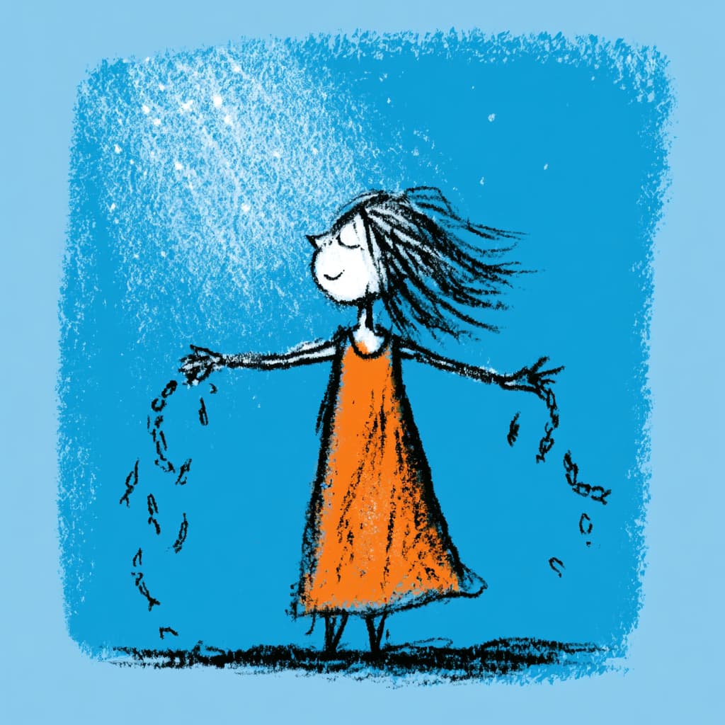 Whimsical Aquarell-Illustration einer Frau, von der zerbrochene Ketten sanft abfallen – Freiheit von Süchten durch Hypnose