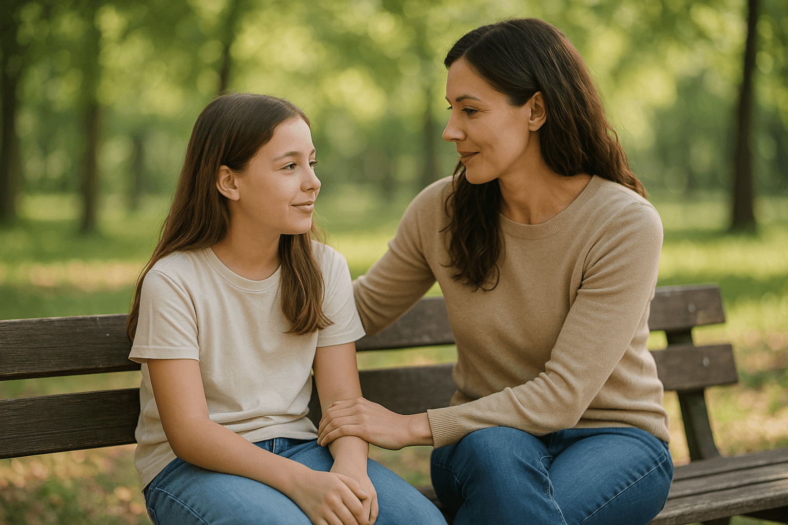 Photo of mother and daughter having quiet conversation on park bench, both looking relaxed