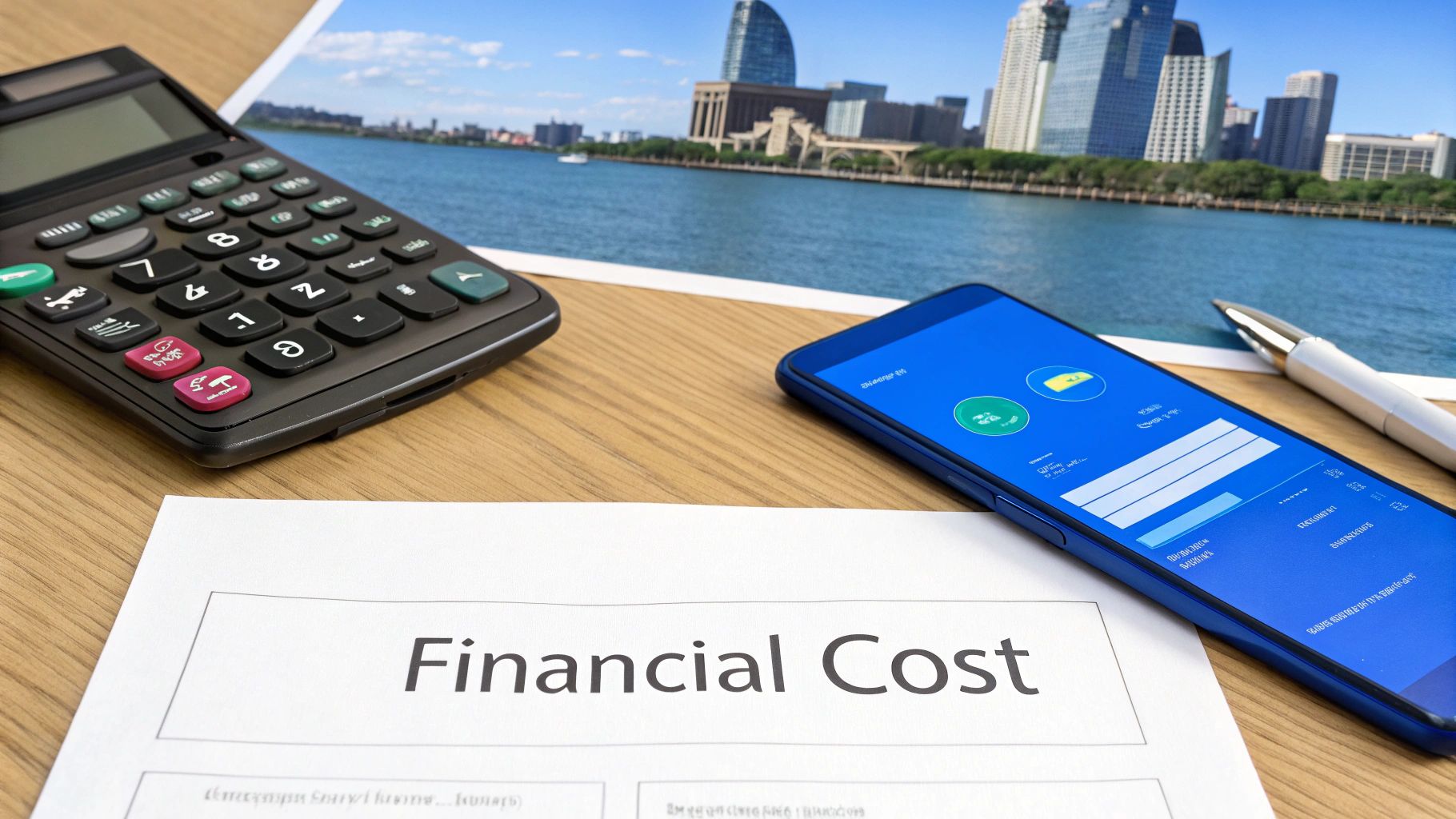 A calculator, smartphone, and 'Financial Cost' document on a desk, with a city skyline photo in the background, suggesting financial planning.