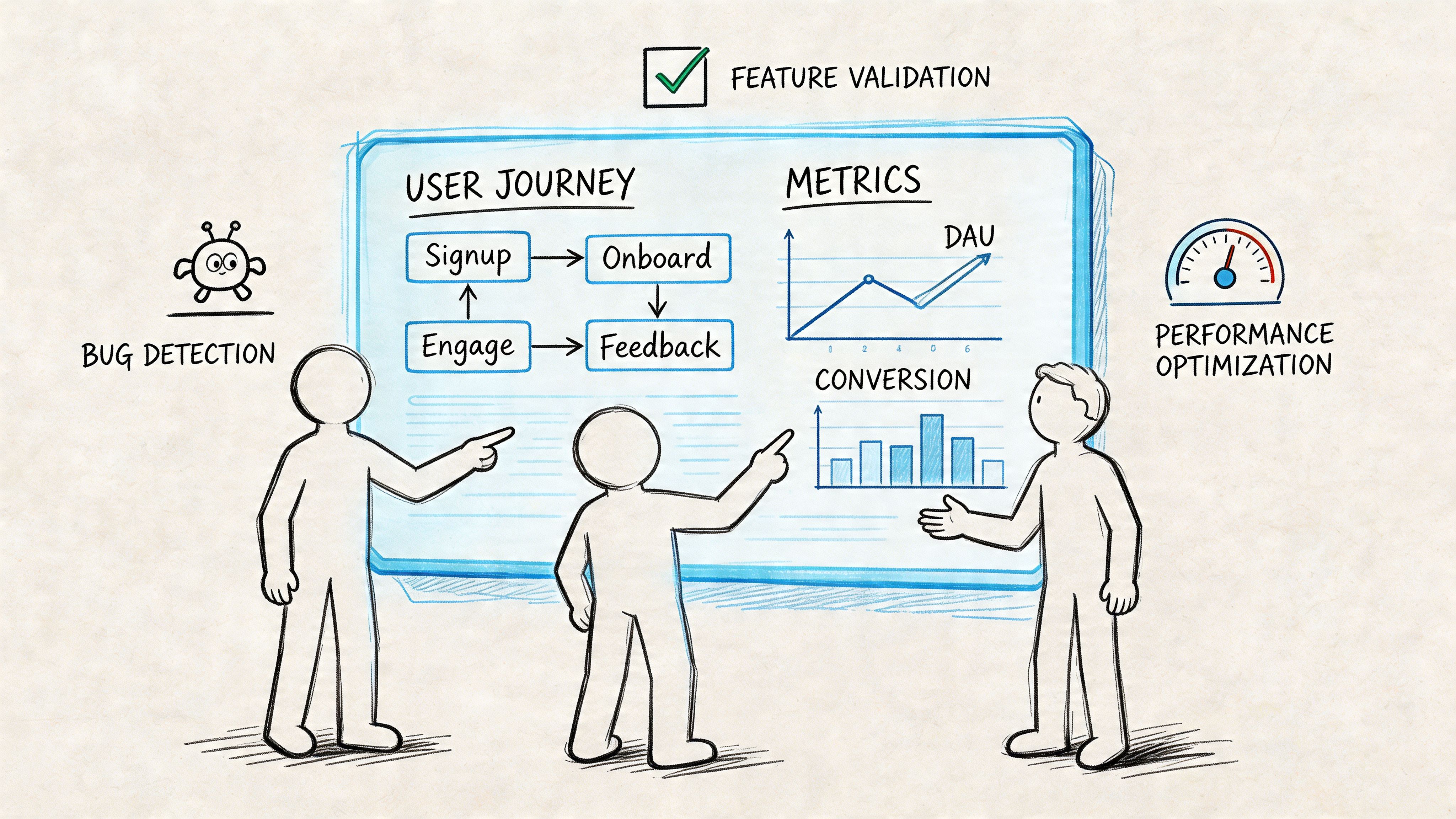 A hand-drawn illustration showing three people collaborating on user journey maps, metrics, bug detection, and performance optimization.