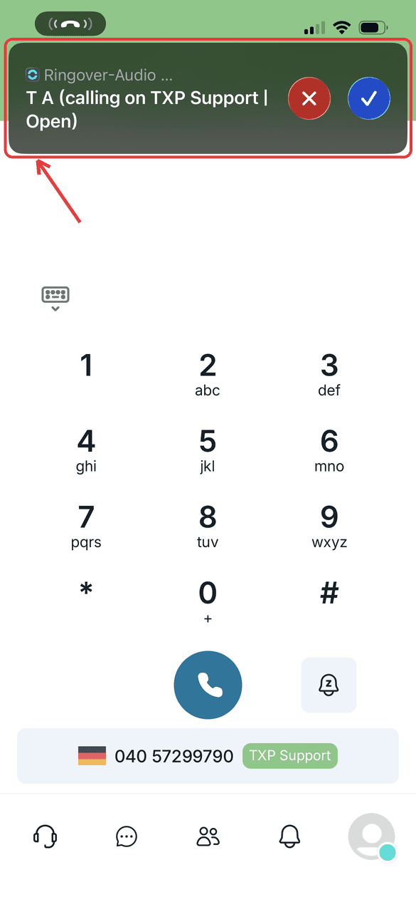 So meldet sich ein eingehender Anruf in der Ringover-App.