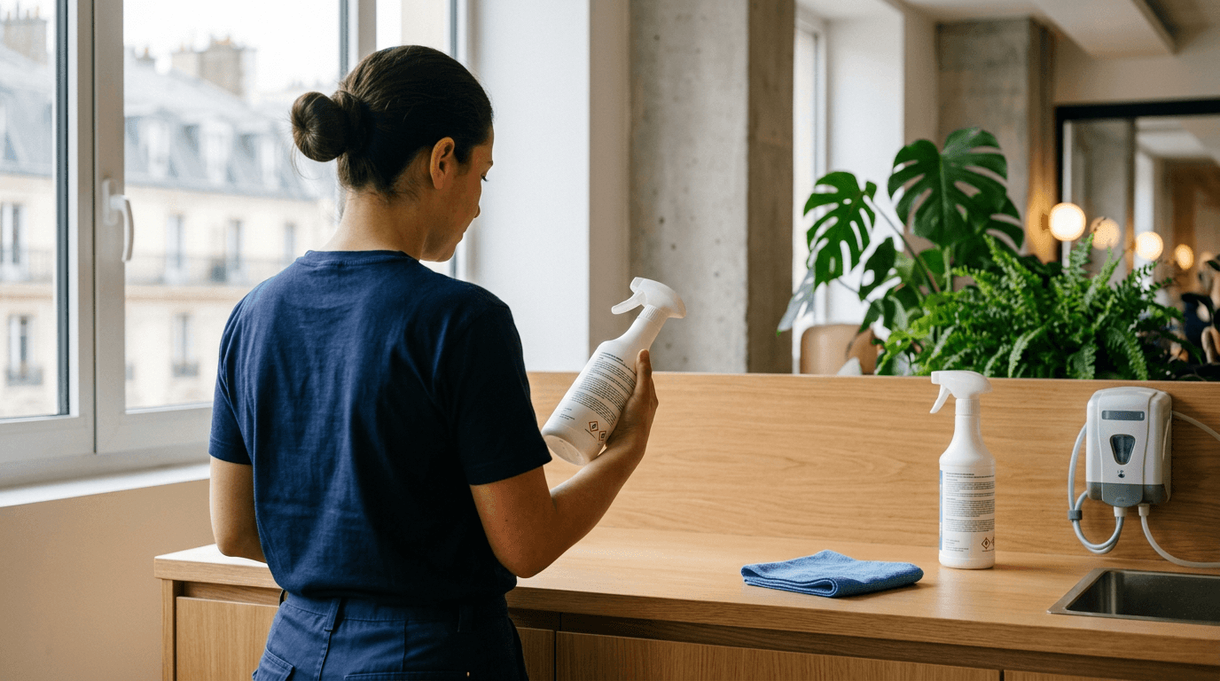 Agent de propreté lisant l'étiquette d'un produit désinfectant dans des bureaux, chiffon microfibre et centrale de dilution