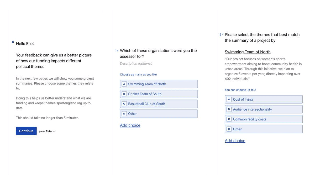 Screenshots of a form used in a prototype