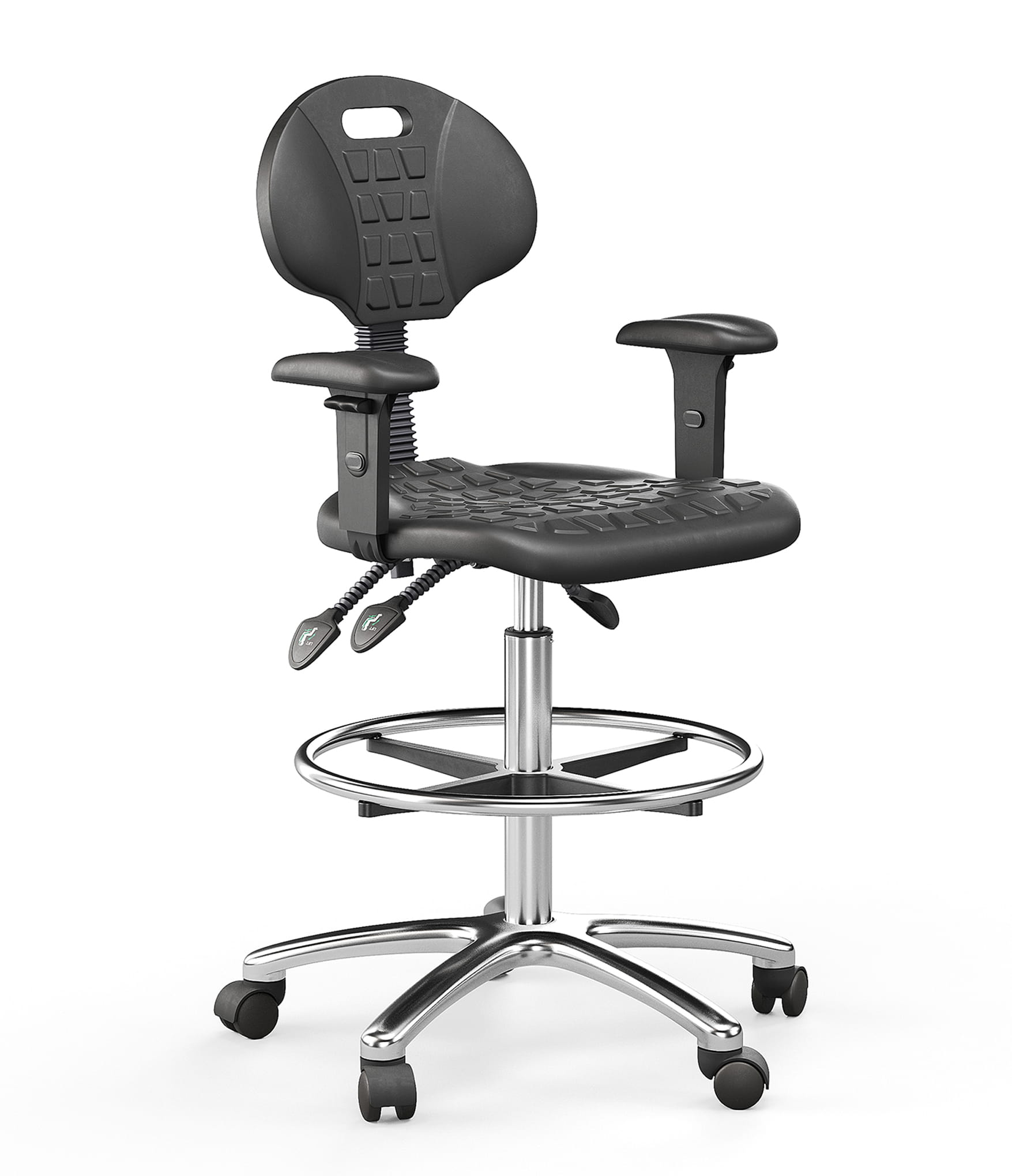 Ergonomic lab chair with adjustable height and foot ring