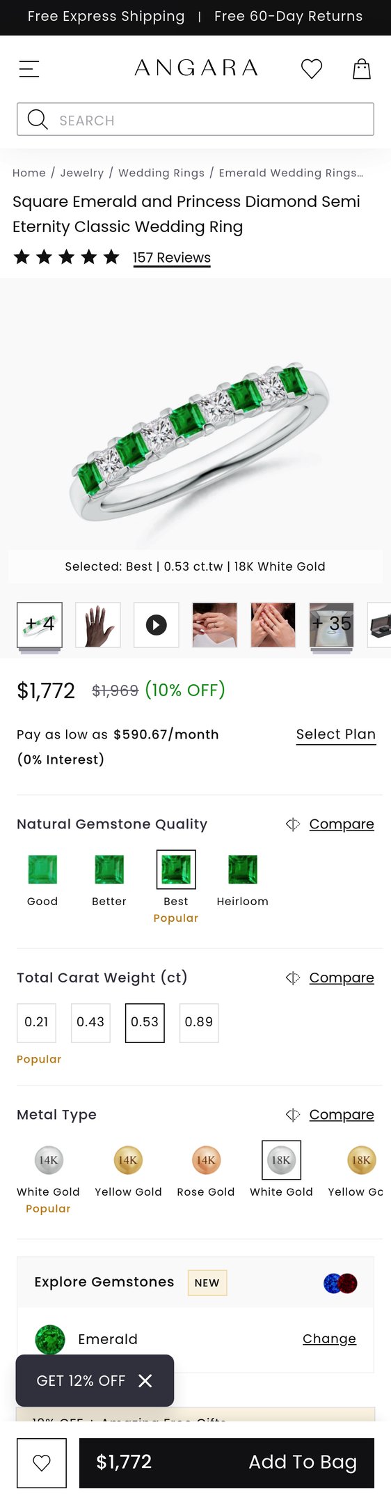 Jewelry product options include: ring for Square Emerald and Princess Diamond Semi Eternity Classic Wedding Ring from Angara.