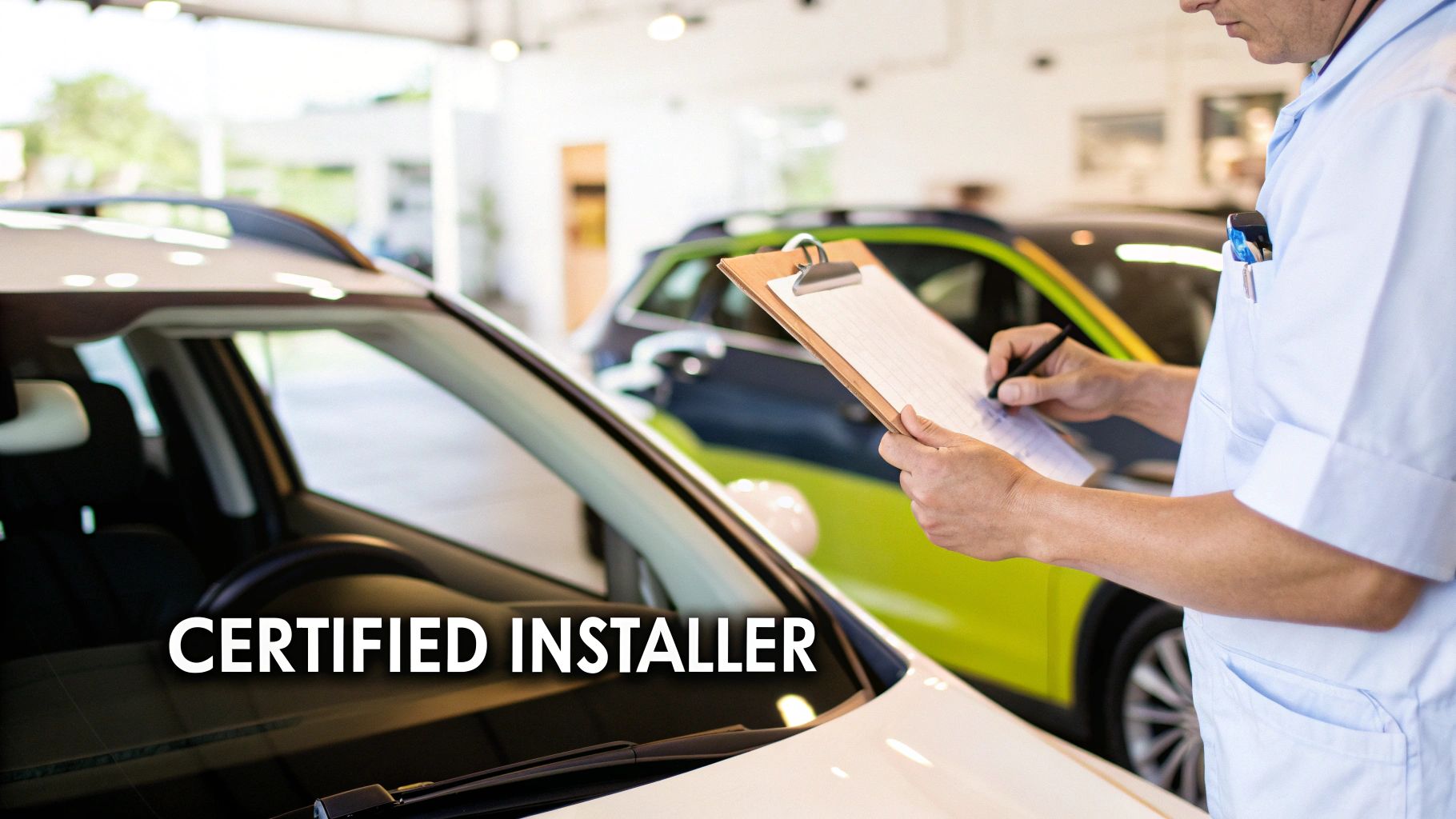 A skilled technician giving a thumbs-up after successfully installing a new car windshield.