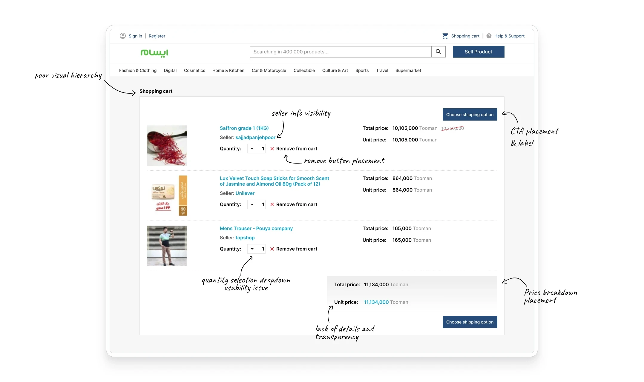 The original Esam shopping cart, annotated with usability issues such as weak visual hierarchy, button placement and a hard-to-use quantity dropdown