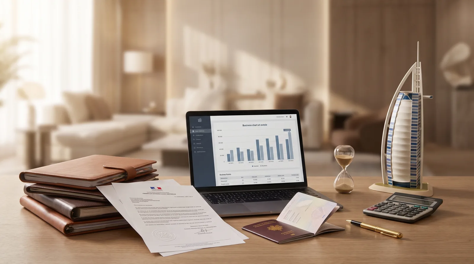 French founder organising attestation documents for a Dubai company at a modern desk