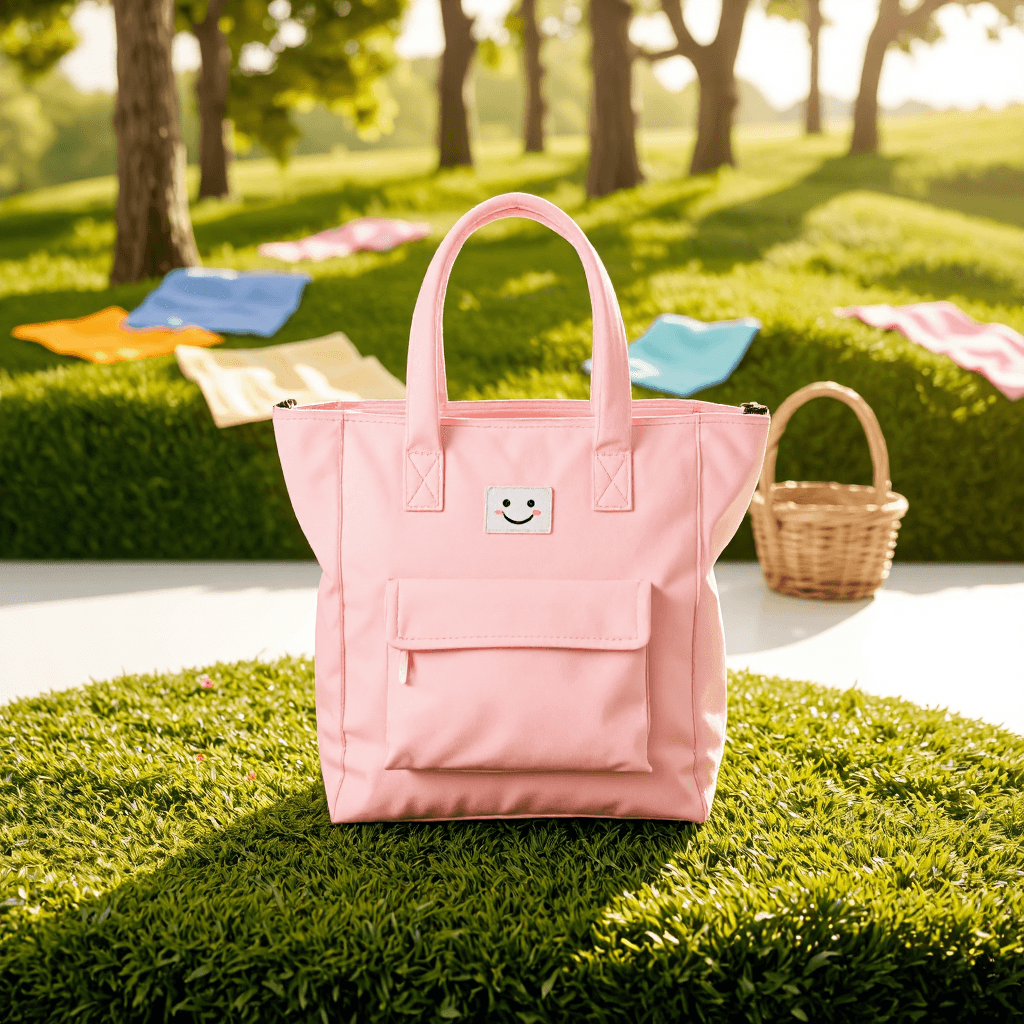 product photography of a pink lunch bag with handles
