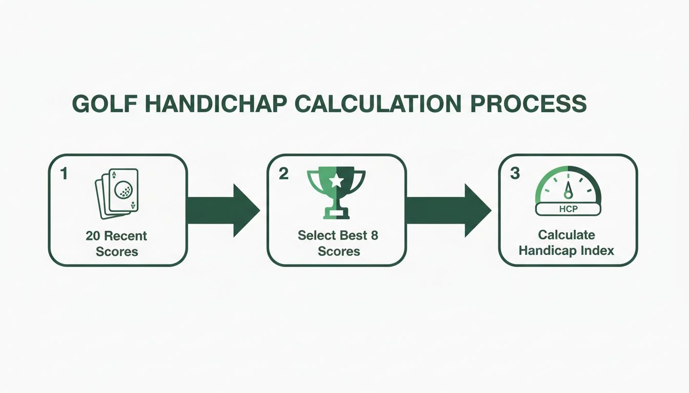 Flowchart detailing the three steps to calculate a golf handicap index from recent scores.