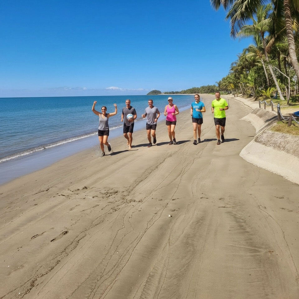 group running along a tropical beach during a team retreat in Fiji