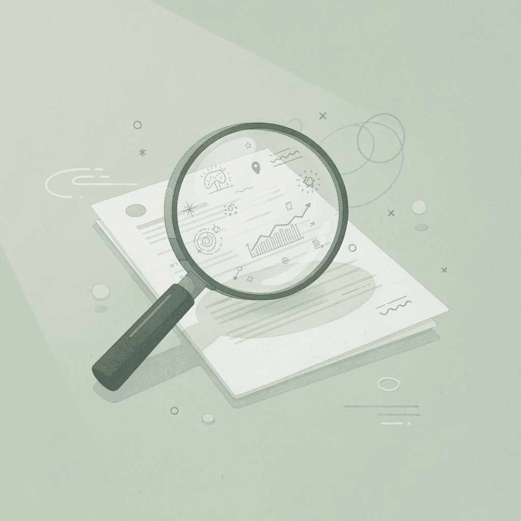 Scene of magnifying glass scanning settlement documents representing automated discovery